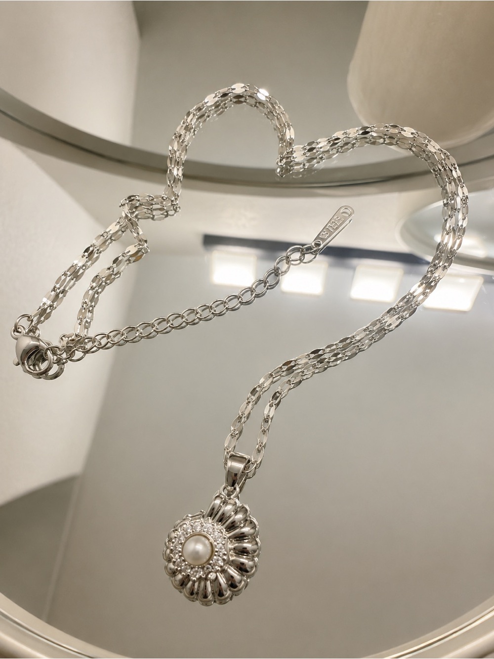 Stainless Steel Pearl Sunburst Pendant Necklace